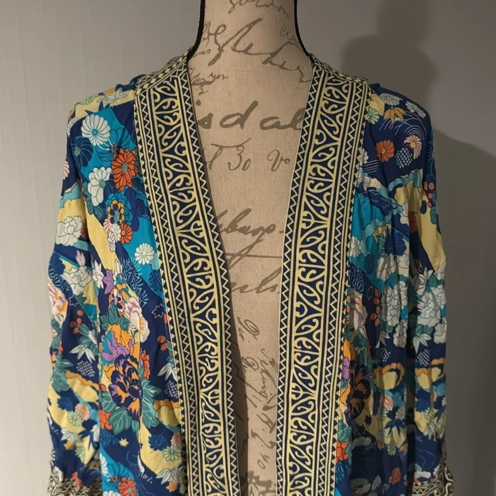Soft Surroundings Open Front Kimono Cardigan Womens L/XL Blue Floral Artsy Boho - Picture 4 of 6